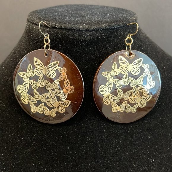 Brown Disc Earrings with Gold Butterfly Designs - Picture 2 of 5